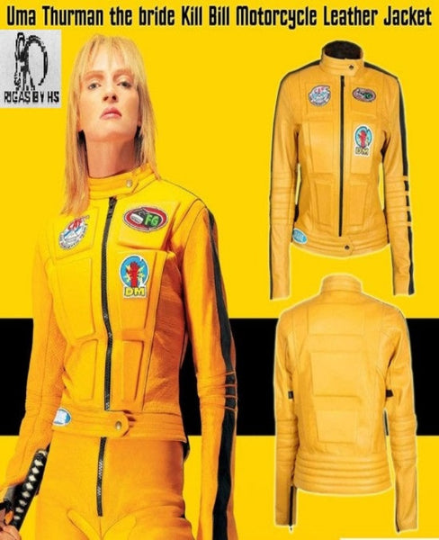 Prime-Fashion Uma Thurman (The Bride) Yellow Leather Biker Jacket for Women  at  Women's Coats Shop
