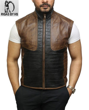 Mens Motorcycle Cargo Safari Black and Brown Leather Vest