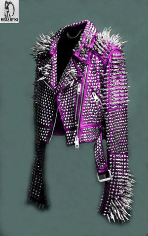 Womens Studded Spiked Steam Punk Brando Leather Jacket