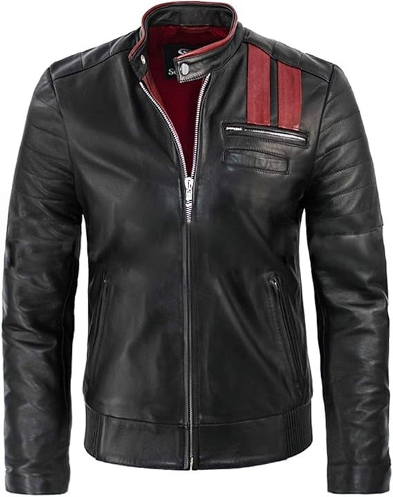 Hybrid Black Strips Red Designer Real Leather Jacket for Men