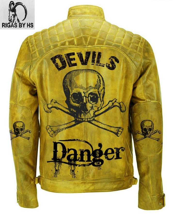 Vintage Leather Biker Jacket | Yellow Devil's Skull Design
