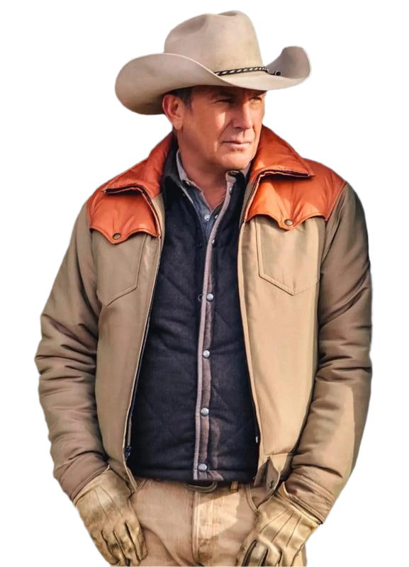 John Dutton Yellowstone Kevin Costner Orange Beige Cotton Jacket