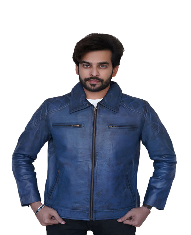 Lavendard Blue Leather Biker Jacket